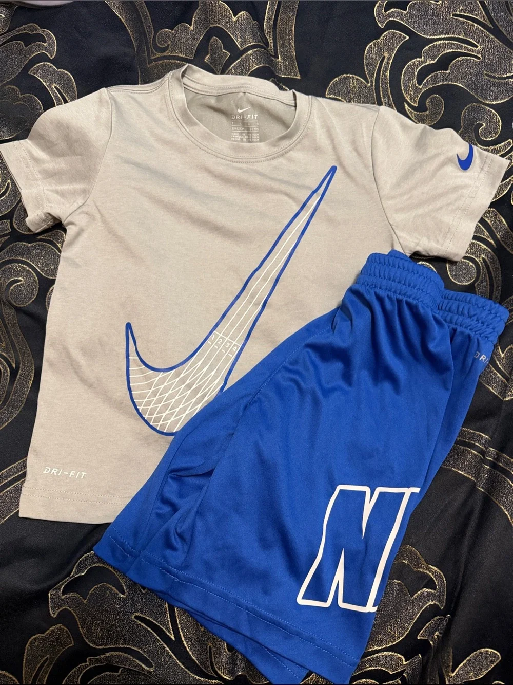 Nike Beige T-Shirt with Royal Blue Athletic Shorts